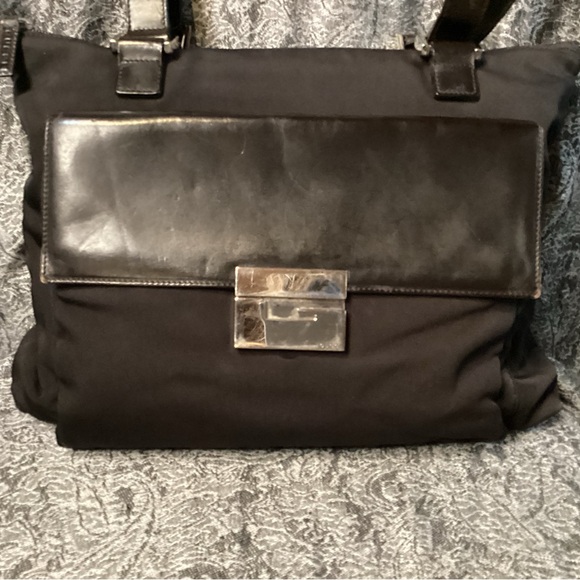 Gucci Handbags - Gucci chocolate brown nylon and leather shoulder bag with silver hardware